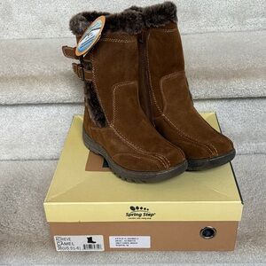 Spring Step Waterproof Camel Suede Boots with Fur Lining and Buckle accents